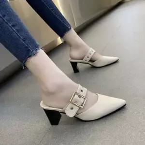 여성 구두 벨트 포인트 통굽 뾰족코 미들힐 봄 슈즈