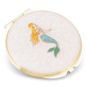 손거울 화장대 거울 앤틱 고급 코티지 가든 핸드 페인팅 황금 금속 에나멜 장식 빈티지 힌지 뚜껑 개인용 3인치 메이크업 뷰티 양면 컴팩트 여행용 거울, 보석 크리스탈, 인어공주