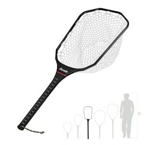 플라이 낚시 랜딩 네트, 측정 손잡이가 달린 탄소 섬유 프레임 부유 송어 그물, 어획 및 방류용 부드러운 고무 메시