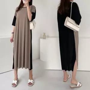 빅사이즈 큰옷 배색주름옆트임원피스(L054H) 루즈핏 WEC7810