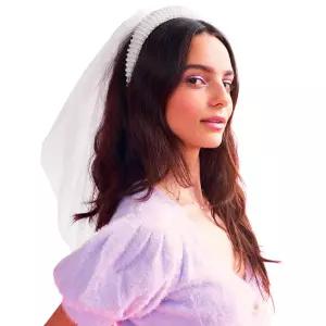 xo Fetti 브라이덜 샤워 파티 장식 진주 머리띠 탈부착 가능 베일 포함 화이트 헤드피스 신부 선물 들러리