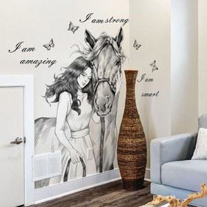 여아 및 말 영감을 주는 벽 데칼 2개, 벗겨서 붙이는 블랙 동기 부여 장식 사무실 파이오니어 여성 스티커 벽화 침실 거실 복도 입구 긍정적인 긍정