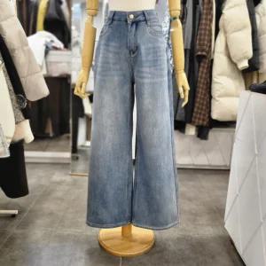 [밸리걸]기모 연청 워싱 스판 와이드 데님 팬츠 615690