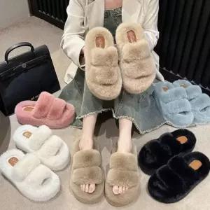 더블 여성 가성비 스트랩 털슬리퍼 1P 겨울 보온 뮬신발 스타일