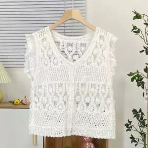 여성 크로셰 베스트 여름 뜨개 조끼 가디건 화이트