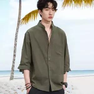 남성용 7부 린넨 헨리넥 반팔 셔츠 여름용 루즈핏 차이나카라 셔츠