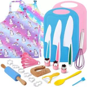 요리 세트 리얼 및 베이킹 안전 칼 도마 앞치마 도구 주방 여자를 위한 장난감 시늉하기