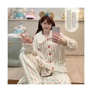 커플 잠옷세트 캐릭터 코랄 파자마 겨울 기모 오픈 긴팔 스트라이프 플란넬 OP4