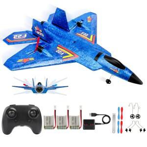 ANTSIR 리모컨 비행기 F-22 랩터, 스마트 자이로 / LED 조명 포함 2.4GHz Rc 충전식 배터리 3개, 폼 RC 제트 글라이더 선물 (블루)