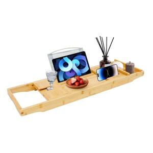 LARIDEN 프리미엄 욕조 트레이 캐디, 수납 가능한 확장형 대나무 트레이, 욕조용 나무 독특한 집들이 선물, 새 집, 어머니의 날 및 생일 선물