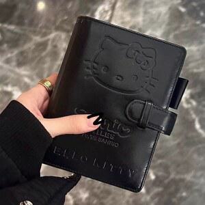 귀여운 고양이 A7 작은 노트북 검은 인조 가죽 바인더 메모장 휴대용 일기 세트 카드 홀더