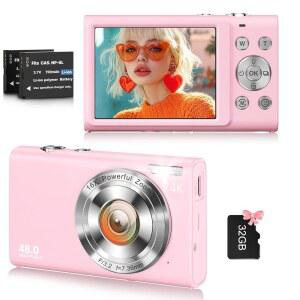 디지털 카메라, 유튜브 자동 초점 카메라용 4K 블로깅 16X 줌, 48MP 컴팩트 포인트 및 촬영 청소년 32GB SD 카드, 배터리 2개 , 핑크
