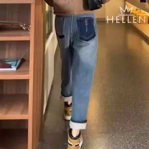 [헬렌] 기모 안감 일자핏 중청 데님 팬츠 캐주얼 청바지 배색 포켓 톤포켓기모청바지 B-820