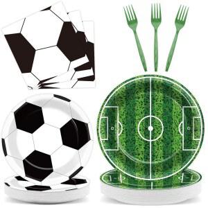 Qyyekj 축구 파티 접시 및 냅킨 세트, 스포츠 생일 용품, 축구공 일회용 종이 디저트 케이크 디너웨어 식기, 25인분 제공
