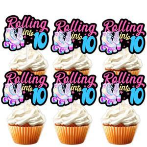 18pcs 블랙 글리터 핑크 롤러스케이트 디저트 컵케이크 토퍼 80년대 90년대 레트로 힙합 롤러스케이트, 10가지 테마 장식으로 출시 n소년 소녀 10번째 생일 파티 장식