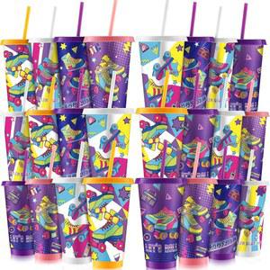 24팩 롤러스케이트 파티, 뚜껑과 빨대가 달린 플라스틱 컵을 선호하다 파티 용품으로 재사용 가능한 텀블러 물병 24온스 제공