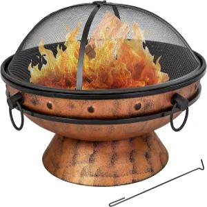 써니데이즈 30인치 대형 야외 불 구덩이 포커와 스크린이 있는 야외용 우드 버닝 구리 마감 로열 가마솥