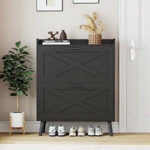 홈레케 32인치 W 농가 신발 보관 캐비닛, 플립 서랍 2개와 헛간 도어 디자인, 조절 가능한 선반, 현관, 로비, 복도, 거실, 블랙을 위한 모던 히든 슬림 좁은 신발장 캐비닛