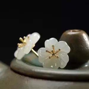 S925상감 자연주의 꽃 귀걸이 백옥 옥시리즈 매화 WFLPJ9Y