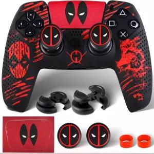 PS5 컨트롤러 디풀용 PlayRealm 실리콘 스킨 커버 스티커 x 1 및 익스텐더 그립 2