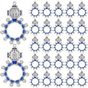 Huquary 24개 손가락 묵주 반지 전통 가톨릭 포켓 기독교 주얼리 크루시픽스 벌크 블루 열쇠고리, 세례용 기도 액세서리 선호