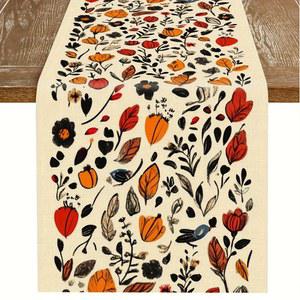 우아한 꽃무늬 테이블 러너 1개 주황색 빨간색 및 검은색 가을 잎 패턴 레스토랑 주택 카페 수공예품 시장 부드러운 가구에