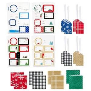 리본, 스티커 씰, 미니 노트 카드(우아한 격자무늬, 눈송이, 카디널)가 포함된 홀마크 크리스마스 선물 태그 및 포장