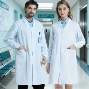 중성 긴 실험실 유니폼 의사 간호사  흰색 병원 작업복 주머니 포함