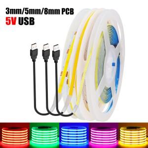 5V USB 3mm 5mm COB LED 스트립 빛 8MM PCB 흰색 빨간색 녹색 분홍색 얼음 파란색 노란색 DC5V 320Led 유연