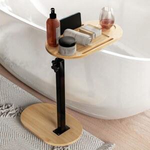 조절 가능한 높이의 얌코이 대나무 욕조 트레이 테이블, 벽에 기대어 욕조를 위한 독립형 캐디 트레이, 고급 목욕 홈 스파 홈워밍을 사이드 테이블 - 특허 보호(천연)