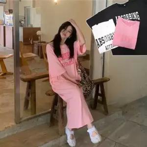 쉬폰원피스 여성 영문레터링 캐주얼 심플디자인 롱 반팔 원피스