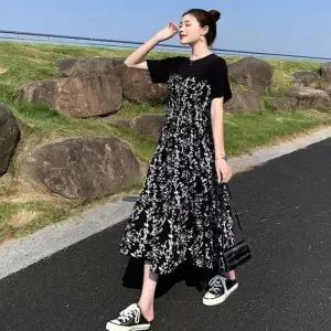 롱 레이어드 꽃무늬 여름 플라워 패턴 원피스 반팔