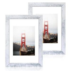 iRahmen 8x12 사진 프레임 세트 2개, HD 유리가 있는 왜곡된 화이트 우드 - 수평 또는 수직 테이블탑과 벽 장착을 위해 매트가 디스플레이 6x8 없는