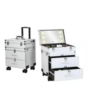 LED 메이크업 캐리어 조명 트렁크 출장용 보관 거울 전문가 휴대용 실버 알