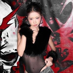 SylCue 섹시 시스루 바디수트+슬리브 커버 여성용 퍼리 패치워크 홀터 로우넥 백리스 핫티 미드나잇 클럽