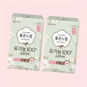 유한킴벌리 좋은느낌 유기농100프로순면 울트라슬림날개 중형 36P 2개+중형랜덤2PX2개 4372576