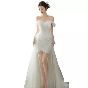 오프숄더미니웨딩드레스 롱트레인 야외드레스 웨딩촬영 캐주얼 피로연 셀