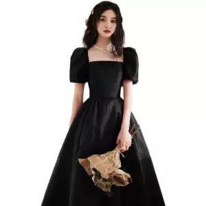블랙 드레스 여성 피로연 하객 파티 새틴 브이넥 빅사이즈 이브닝 미디 롱