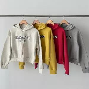 여성용 크롭 기모 후드티셔츠 뽀글이 자수 빨강색 티