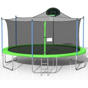 J VICO 16FT 야외 트램펄린 과 레크리에이션 후프가 성인용 있는 둥근 안전 사다리가 인클로저 농구 뒷마당