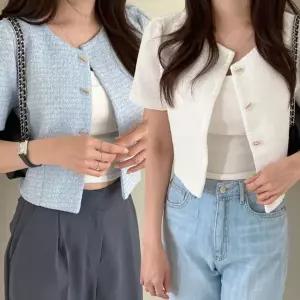 [신세계라이브쇼핑][옷자락] 여자 모임룩 우아한 반팔 크롭 트위드 자켓