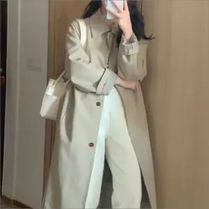 여성 체크 소매안감 롱 트렌치코트 클래식 롱자켓 간절기 아우터 (WFKKQ0E)
