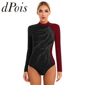 여성용 반짝이 라인스톤 컬러 블록 발레 레오타드  긴 소매 피겨 스케이팅 댄스 점프수트  체조 바디수트