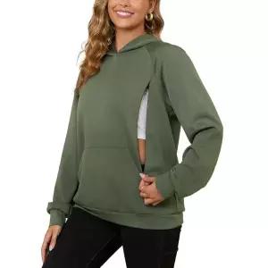 모유 수유를 위한 수유 스웨트셔츠 후드 숨겨진 지퍼 포함 임산부 펌핑 탑 캥거루 포켓 아미 그린. XL 8463