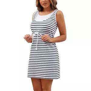 Bhome 수유 탱크 드레스 임산부 민소매 모유 캐주얼 무릎 길이 화이트 블랙 스트라이프 845694