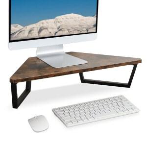 TEAMIX 26인치 삼각형 모니터 스탠드 라이저, 메탈 레그 우드 컴퓨터 스탠드가 있는 데스크톱 코너 선반, 스토리지 노트북 라이저 오피스 정리함