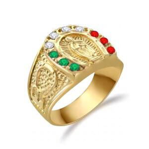 JAJAFOOK 남성용 금 도금 큐빅 지르코니아 과달루페 성모 마리아 반지 종교 사이즈 7-13