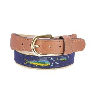 ZEP 돌핀 마히 남성용 리본 벨트 u2013 게임 피쉬 네이비 웨빙 및 황갈색 풀 그레인 가죽 탭 1 25인치 와이드 아웃도어 라이프스타일 액세서리 사이즈 36