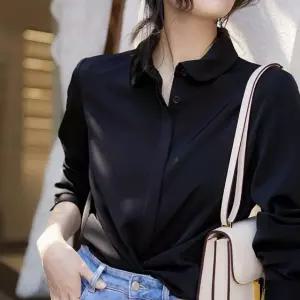 F007034_라운딩카라 히든단추 블라우스 셔츠정장 긴팔 화이트 블랙 쉬폰 남방 출근룩 오피스룩