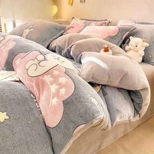 인쇄 된 플러시 이불 커버 겨울 사랑스러운 부드럽고 편안한 짧은 시트 AB 패턴 어린이 4 피스 침대 세트 베개 케이스